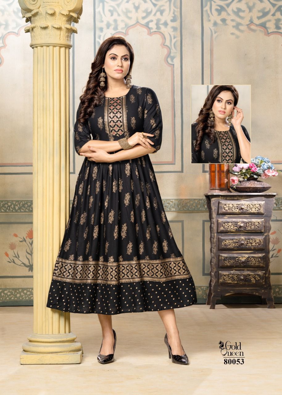 Mayra Gold Queen New Fancy Ethnic Wear Rayon Printed Long Anarkali Kurti Collection